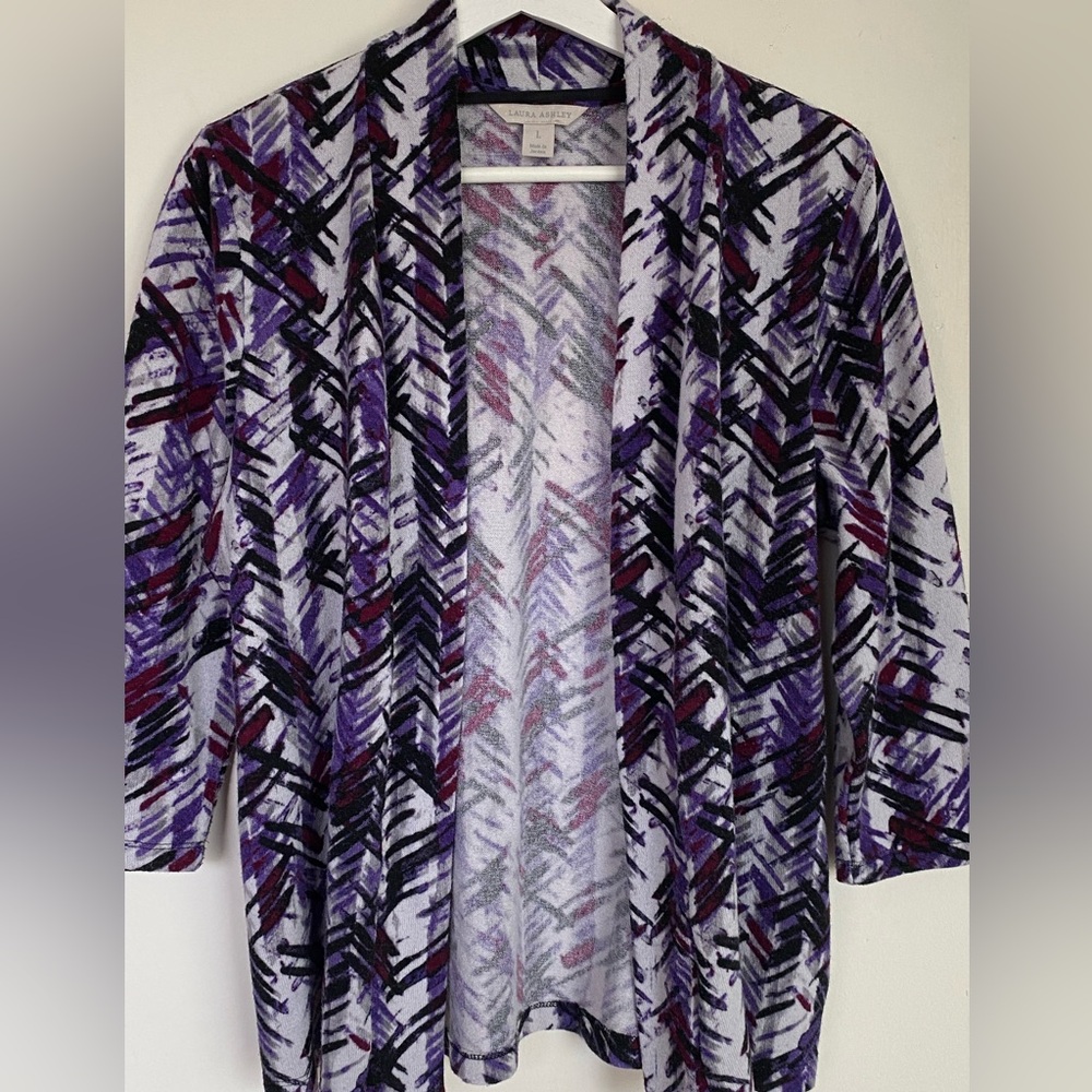 Laura Ashley Purple Black White Open Cardigan